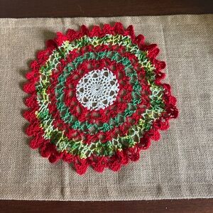 Hand-Crocheted Round Doily in Red Green & White ~11”    Holiday Christmas